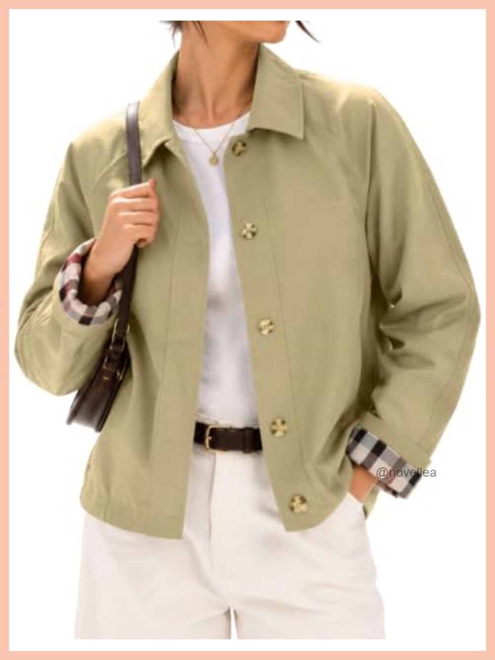 LOMON Womens Short Trench Jacket Plaid Lining Button Front Lightweight Casual
